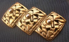 large BROCHE MICRIS vintage  3 modules rectangles métal doré ajouré perlé