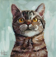 Peinture à l'huile originale portrait de chat tabby marron 10x10 pouces signé...