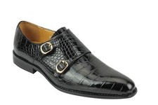 Hommes Véritable Cuir Poli Crocodile Imprimé Noir Moine Ruban Mocassins Habillé