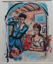 "Couple", gouache originale signée Emilien Dufour (1894-1975)