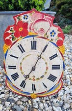 ANCIENNE HORLOGE PENDULE EN BOIS PEINT A LA MAIN DECORS DE FLEURS 1900