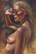 belle femme nue , tableau original 20x29.7 oeuvre aquarelle NUDE AKT  RYBAK  A.