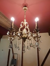 Ancien Lustre en Bronze doré 5 Branches à Pampilles en cristal SUPERBE.