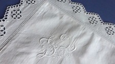TAIE D'OREILLER ANCIENNE BRODERIE ANGLAISE MONOGRAMME JL METIS 1920