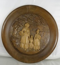 Antique French Hand Carved Wood Solid Wall Plate Breton Mother+Child 17" diam