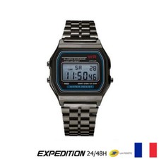 Montre "WR" Rétro Numérique LED En Métal Alarme Chrono Couleur Noir