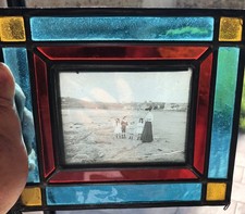 ANCIEN CADRE ART DECO VITRAIL PHOTOGRAPHIE SUR VERRE SCENE FAMILIALE MERE ENFANT