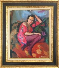 Tableau de Pierre CORNU "Jeune femme à la robe rouge" HST 46x38 cm