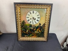 Tableau pendule horloge peinture sous verre décor chasse Ecole Suisse fin XIXeme