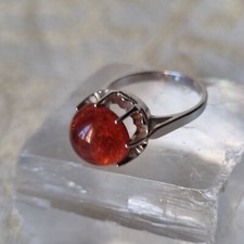 Bague 70's Argent 925 Rhodié Cabochon D'Ambre 10x5mm Taille 53 poinçon Orfèvre.