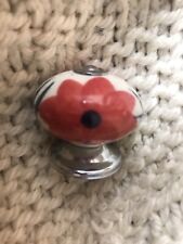 French White Red Floral Ceramic Drawer Pull Cabinet Knob Circle 1.5” Porcelain