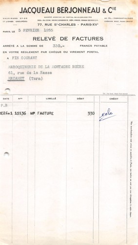 Facture 1955 jacqueau - 1955,