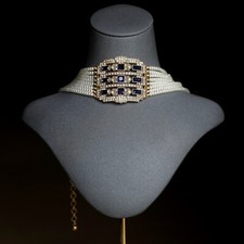 Collier Ras du Cou Choker Perle Blanc Plusieurs Rang Art deco Bleu Marine QD16