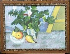 Original Still Life Oil Painting 1950s Flowers Fruit, Paul Cézanne Style, Framed