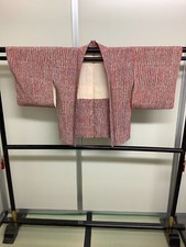 Veste kimono haori japonaise vintage pure soie rayure rouge hauteur 38,34 pouces