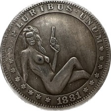 Médaille de fantaisie érotique avec acte et revolver, année 1881