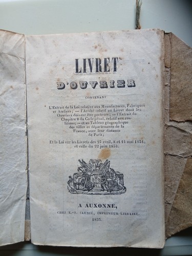 Livret ouvrier 1855 - ouvrier,