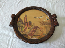 Ancien petit Plateau rond en bois et verre Souval 23,5cm de diamètre