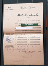 Diplôme Médaille Coloniale 1898 Min. Marine Officier embarqué TUNISIE 1881