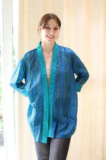 Veste Duster Kimono En Soie Pure Bleue Cape Longue Robe PS KMS3589