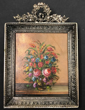 FLEURS huile sur cuivre signée cadre plaqué argent tableau 19e peinture antique