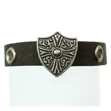 Bracelet Homme ou Femme cuir marron blason oeillets argenté Réglable Médiéval