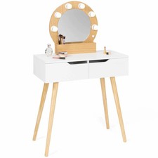 Coiffeuse scandinave 2 tiroirs HORIA bois et blanc avec miroir LED