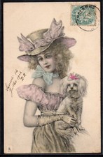 BU173 VIENNE BEAUTIFUL LADY WOMAN FEATHER HAT BICHON DOG Publ. TUCK 338