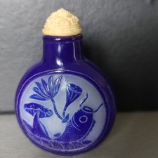 fiole Tabatière flacon à tabac verre multicouche décor poisson ASIE CHINE JAPON