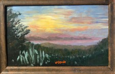 Tableau huile sur bois. Paysage marine Corse. Baie de Calvi. Coucher de soleil.