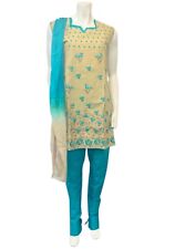 Tenue indienne salwar beige et bleu taille 40 ensemble pantalon tunique et châle