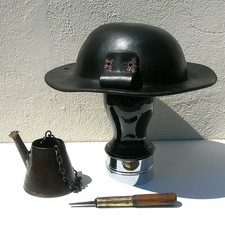 ANCIENNE BARRETTE CASQUE  MINEUR  + PICRON + LAMPE MINER HELMET LEATHER OIL LAMP