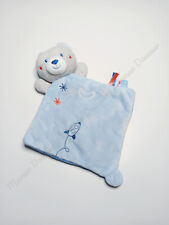 Doudou Plat/Mouchoir Ours Bleu Blanc Gris Fusée Lune Etoiles Orange Sucre D'orge