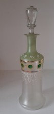 ANCIENNE  CARAFE DECOR SOLEIL VERT ET BLANC EN VERRE EMAILLE AVEC BOUCHON