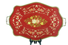 Ancienn plateau de service bois marqueterie galerie laiton  bouquet de fleurs