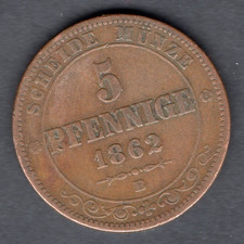 QUALITE : MONNAIE DE 5 PFENNIGE EN CUIVRE DE SAXE DE 1862 B @ ETAT ALLEMAND !!
