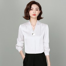 Femme Satin Chemisier Faux Soie Chemise Manches Longues Col V Bureau Plissé