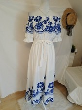 Robe Longue Épaules Dénudées Femme Blanche Et Bleue A Fleurs Taille M , 38 , Été