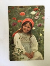 CPA Peinture d’une petite fille assise dans un champ de fleurs 