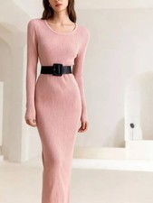 Robe Longue Rose Maille Cintrée Avec Ceinture Chic Féminine Élégante CF59658