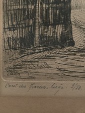 Tableau ancien XIX XX eau forte litho originale Cour des mineurs Liège Duchateau