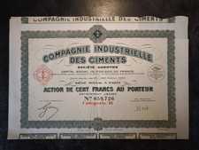 Action Au Porteur Compagnie Industrielle Des Ciments 1929