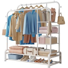Portant à Vêtements Blanc Double avec Étagères, 8 Crochets, Penderie Dressing...