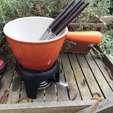 Vintage Le Creuse Cast Iron Enamel Fondue Pot Set flame orange french oven stove