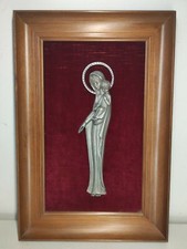 Ancien Tableau Vierge Marie Avec Enfant En Étain 33,5 - 22,5 cm déco vintage