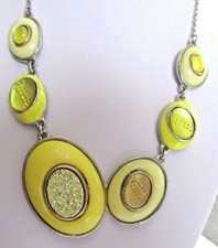 Rare bijou vintage collier réglable couleur argent cabochon jaune diamanté 3337