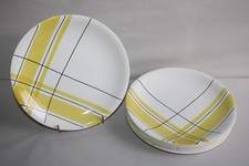6 assiettes plates en faïence Salins France, décor Montréal jaune, torchon, n°1