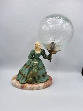 Lampe veilleuse en marbre et régule peint femme élégante et chien Art Déco