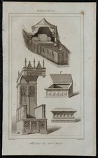 1845 - Mobilier du 14ème siècle - Gravure ancienne - Lit à baldaquin