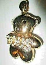 c1985 Vintage Gold Tone Large TOUS TEDDY BEAR Logo Puffed Pendant w/ Crystals